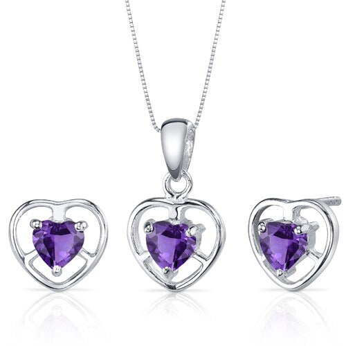 Amethyst Pendant Earrings Set Sterling Silver heart 1.5 Carats