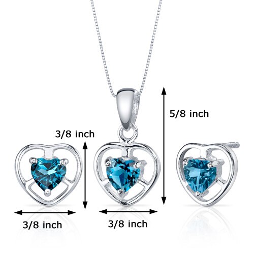 London Blue Topaz Pendant Earrings Set Sterling Silver heart