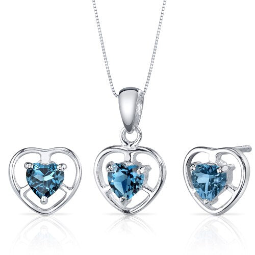 London Blue Topaz Pendant Earrings Set Sterling Silver heart