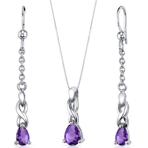 Amethyst Pendant Earrings Set Sterling Silver Pear Shape 1 cts