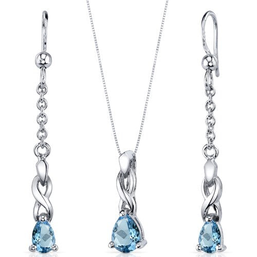 Swiss Blue Topaz Pendant Earrings Set Sterling Silver pear