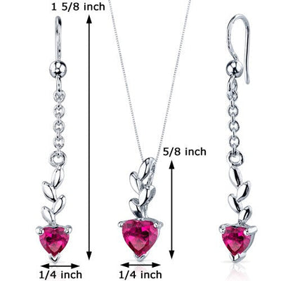 Ruby Pendant Earrings Set Sterling Silver heart Shape 2 Carats