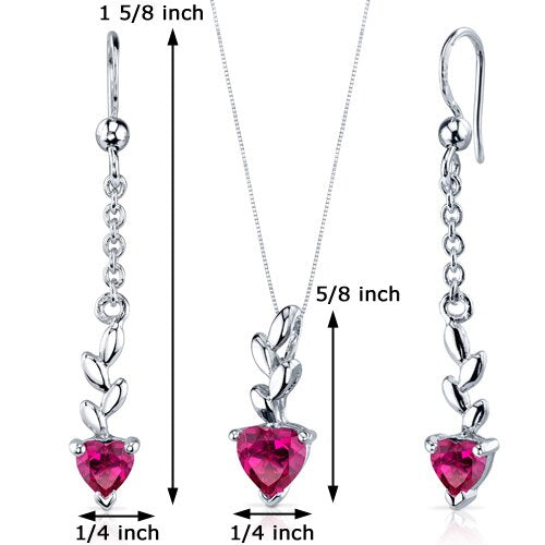 Ruby Pendant Earrings Set Sterling Silver heart Shape 2 Carats