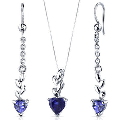 Blue Sapphire Pendant Earrings Set Sterling Silver Heart 2 cts