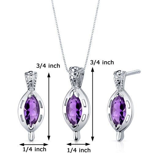 Amethyst Pendant Earrings Set Sterling Silver marquise 1.5 cts