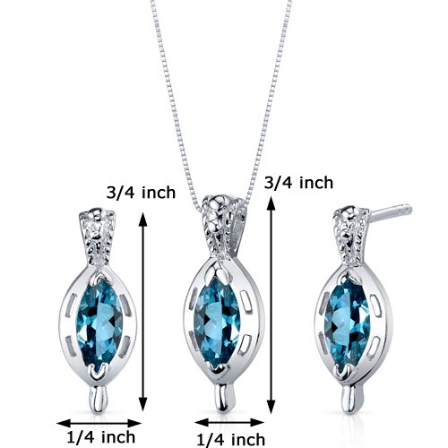 London Blue Topaz Pendant Earrings Set Sterling Silver marquise