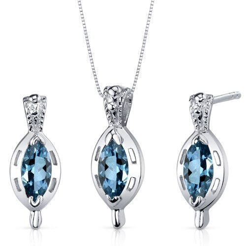 London Blue Topaz Pendant Earrings Set Sterling Silver marquise