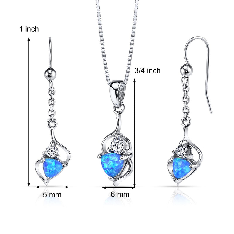 Blue Opal Trillion Pendant Earrings Necklace Sterling Silver 2.00 Carats