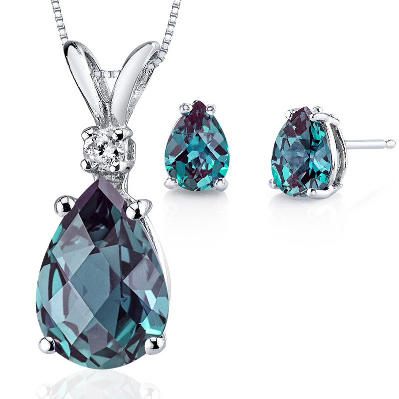 Alexandrite Pear Shape Stud Earrings and Pendant with Diamond Accent 14K White Gold 4.30 ctw Gift Set