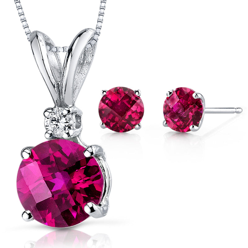 Ruby Round Stud Earrings and Pendant with Diamond Accent 14K White Gold 3.59 ctw Gift Set