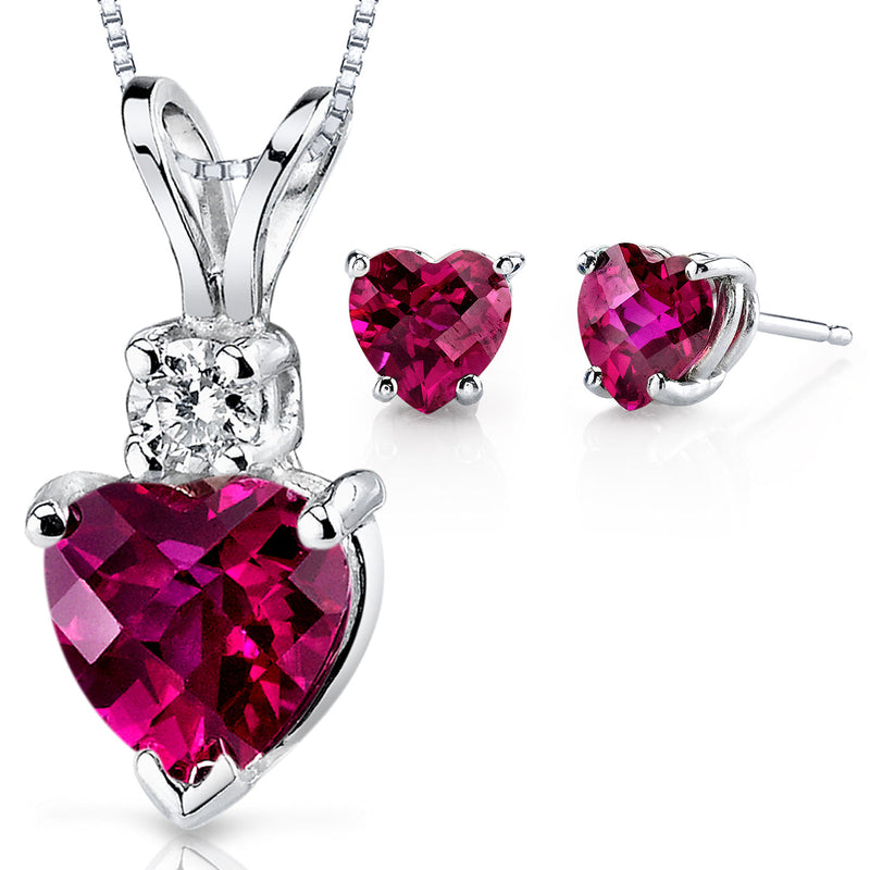 Ruby Heart Stud Earrings and Pendant with Diamond Accent 14K White Gold 3.17 ctw Gift Set