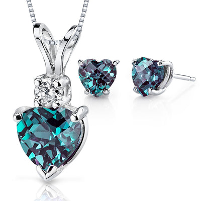 Alexandrite Heart Shape Stud Earrings and Pendant with Diamond Accent 14K White Gold 3.07 ctw Gift Set