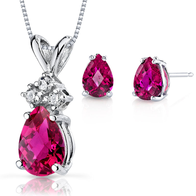 Ruby Pear Shape Stud Earrings and Pendant with Diamond Accent 14K White Gold 2.94 ctw Gift Set