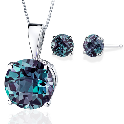 Alexandrite Round Stud Earrings and Pendant 14K White Gold 4.35 ctw Gift Set