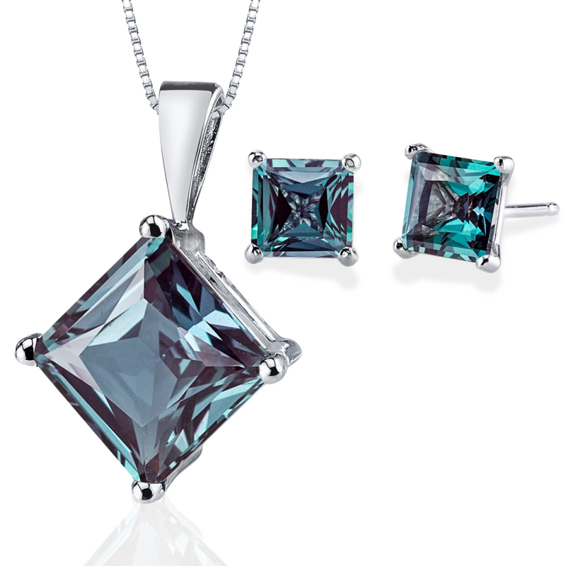 Alexandrite Princess Shape Stud Earrings and Pendant 14K White Gold 5.5 ctw Gift Set