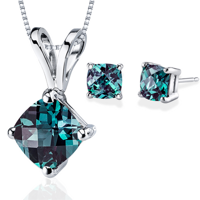 Alexandrite Cushion Cut Stud Earrings and Pendant 14K White Gold 3.5 ctw Gift Set