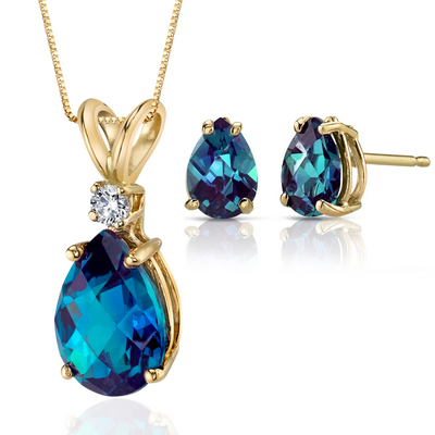 Alexandrite Pear Shape Stud Earrings and Pendant with Diamond Accent 14K Yellow Gold 4.30 ctw Gift Set