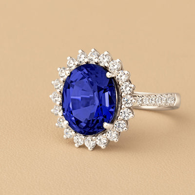 Peora Blue Sapphire and Diamond Oval Shape Ring 14K White Gold Vintage Style