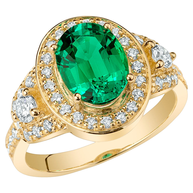 Peora Colombian Emerald Ring Oval Shape 14K Yellow Gold with Diamonds