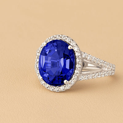 Peora Blue Sapphire and Diamond Oval Shape Ring 14K White Gold