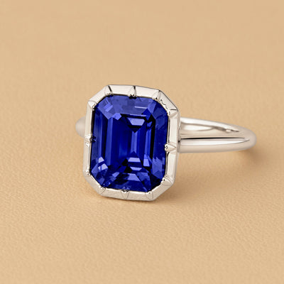 Peora Blue Sapphire Emerald Cut Ring 14K White Gold 