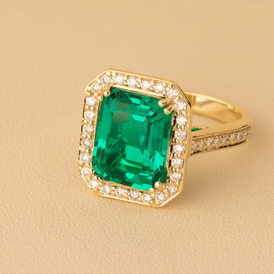 Peora Colombian Emerald Ring Emerald Cut 14K Yellow Gold with Diamonds