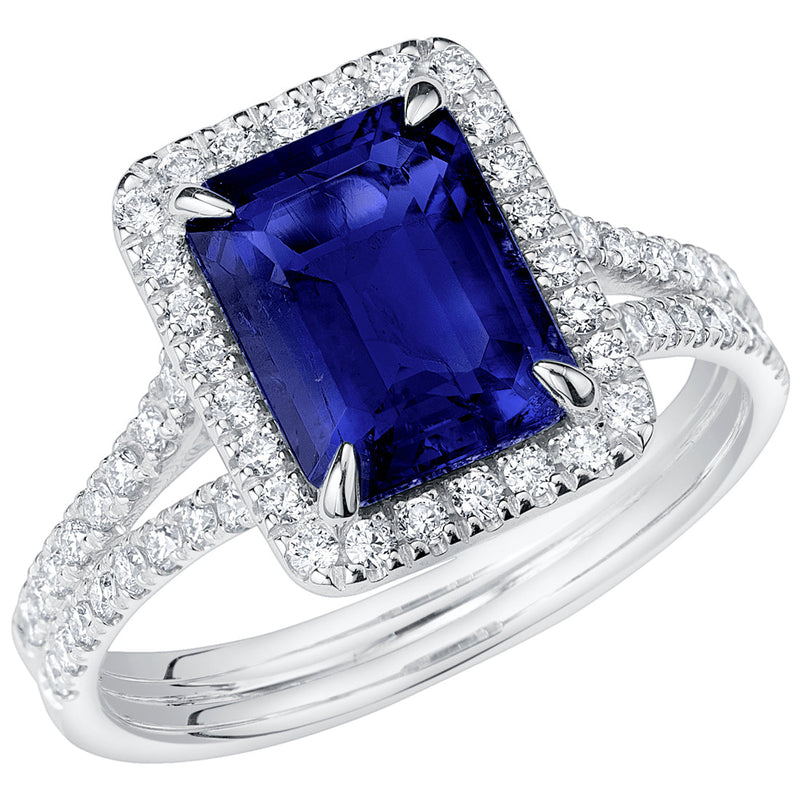 Peora Blue Sapphire and Lab Grown Diamond Emerald Cut Ring 14K White Gold 