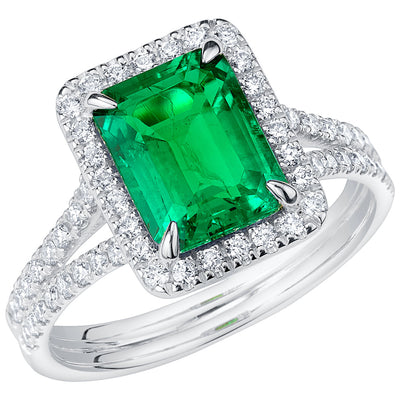 Peora Colombian Emerald Ring Emerald Cut 14K White Gold with Diamonds