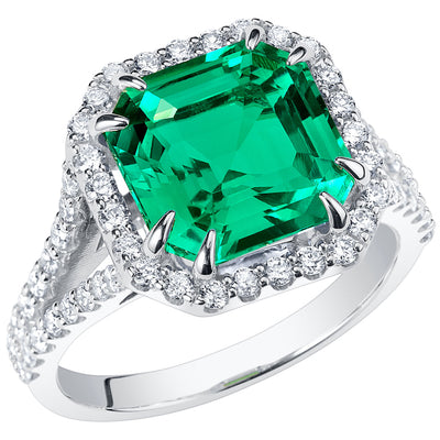 Peora Colombian Emerald Ring Cushion Cut 14K White Gold with Diamonds