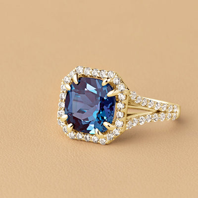 Peora Alexandrite and Diamond Cushion Cut Ring 14K Yellow Gold