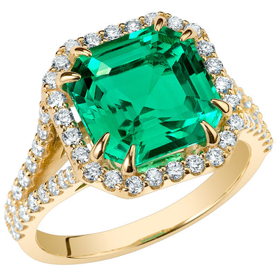 Peora Colombian Emerald Ring Cushion Cut 14K Yellow Gold with Diamonds