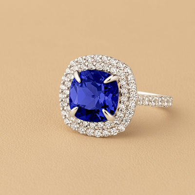 Peora Blue Sapphire and Lab Grown Diamond Cushion Cut Ring 14K White Gold 