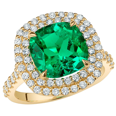 Peora Colombian Emerald Ring Cushion Cut 14K Yellow Gold with Diamonds