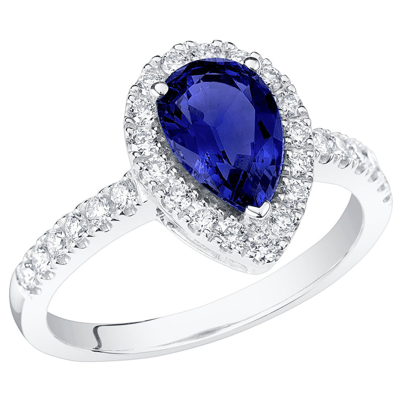 Peora Blue Sapphire Pear Shape Halo Ring 14K White Gold 