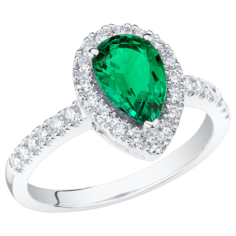 Peora Colombian Emerald Ring Pear Shape 14K White Gold with Diamonds