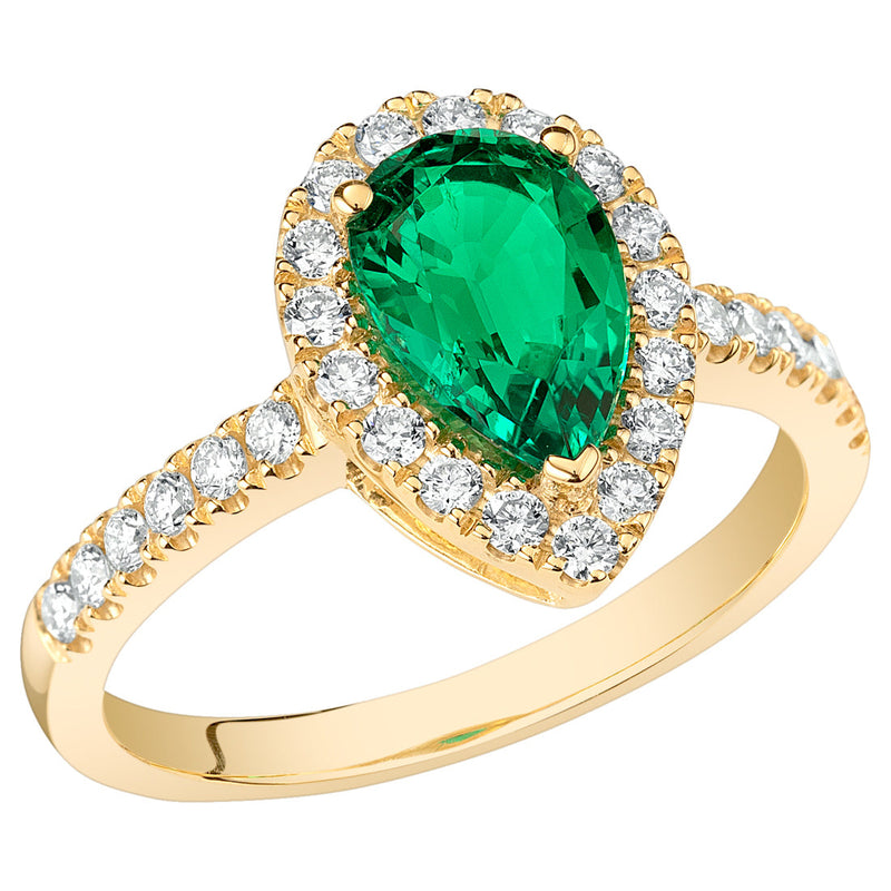 Peora Colombian Emerald Ring Pear Shape 14K Yellow Gold with Diamonds