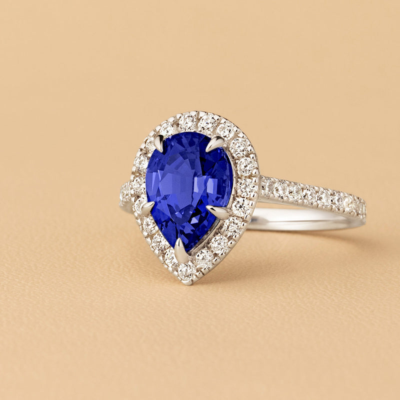 Peora Blue Sapphire Pear Shape Halo Ring 14K White Gold 