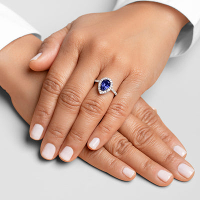 Peora Blue Sapphire Pear Shape Halo Ring 14K White Gold 