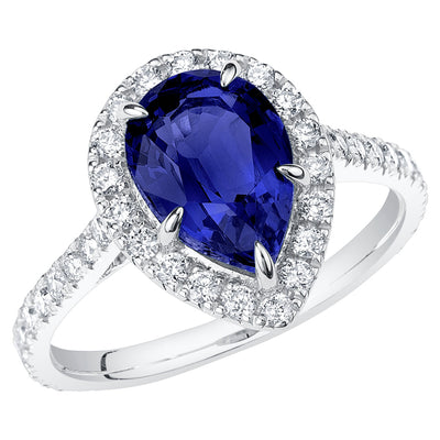 Peora Blue Sapphire Pear Shape Halo Ring 14K White Gold 