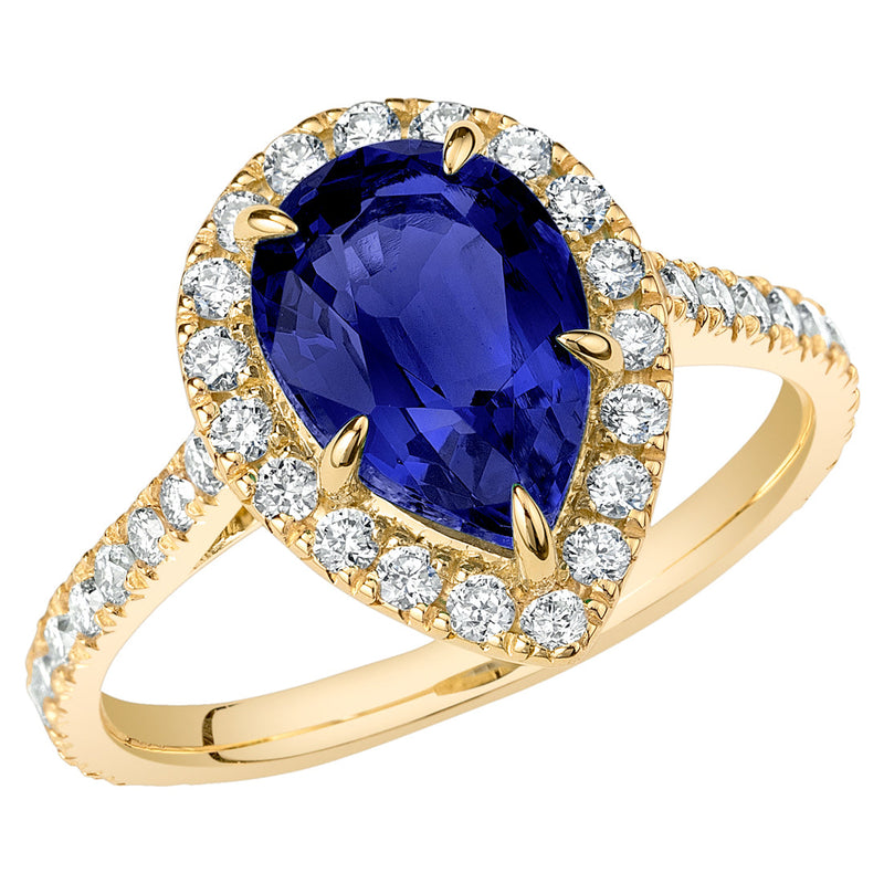 Peora Blue Sapphire Pear Shape Halo Ring 14K Yellow Gold 