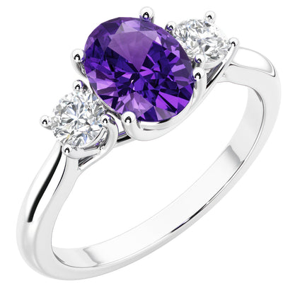 Peora Amethyst and Lab Grown Diamond 3-Stone Trellis Ring 14K Gold Oval Shape