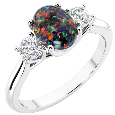 Peora Created Black Opal and Lab Grown Diamond 3-Stone Trellis Ring 14K Gold Oval Shape