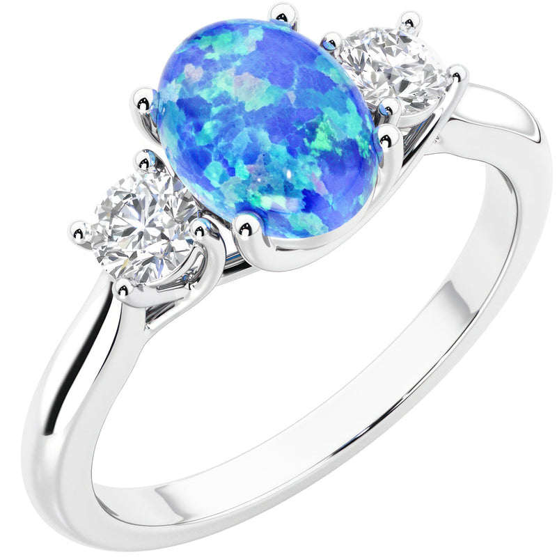 Peora Created Blue Opal and Lab Grown Diamond 3-Stone Trellis Ring 14K Gold Oval Shape