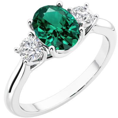 Peora Created Emerald and Lab Grown Diamond 3-Stone Trellis Ring 14K Gold Oval Shape