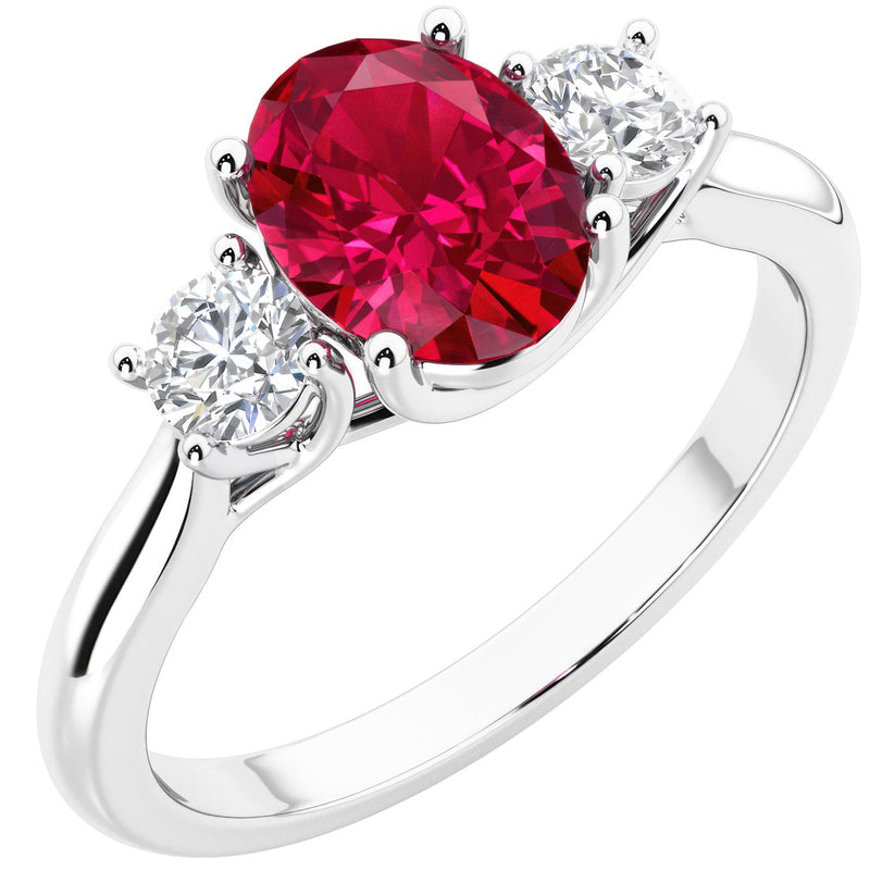 Peora Created Ruby and Lab Grown Diamond 3-Stone Trellis Ring 14K Gold Oval Shape