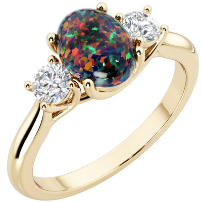 Peora Created Black Opal and Lab Grown Diamond 3-Stone Trellis Ring 14K Gold Oval Shape