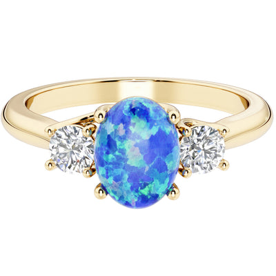 Peora Created Blue Opal and Lab Grown Diamond 3-Stone Trellis Ring 14K Gold Oval Shape