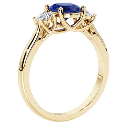 Peora Blue Sapphire and Lab Grown Diamond 3-Stone Trellis Ring 14K Gold Oval Shape