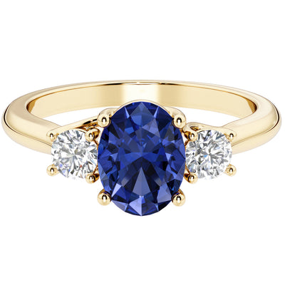 Peora Blue Sapphire and Lab Grown Diamond 3-Stone Trellis Ring 14K Gold Oval Shape