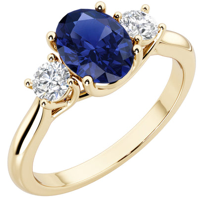 Peora Blue Sapphire and Lab Grown Diamond 3-Stone Trellis Ring 14K Gold Oval Shape